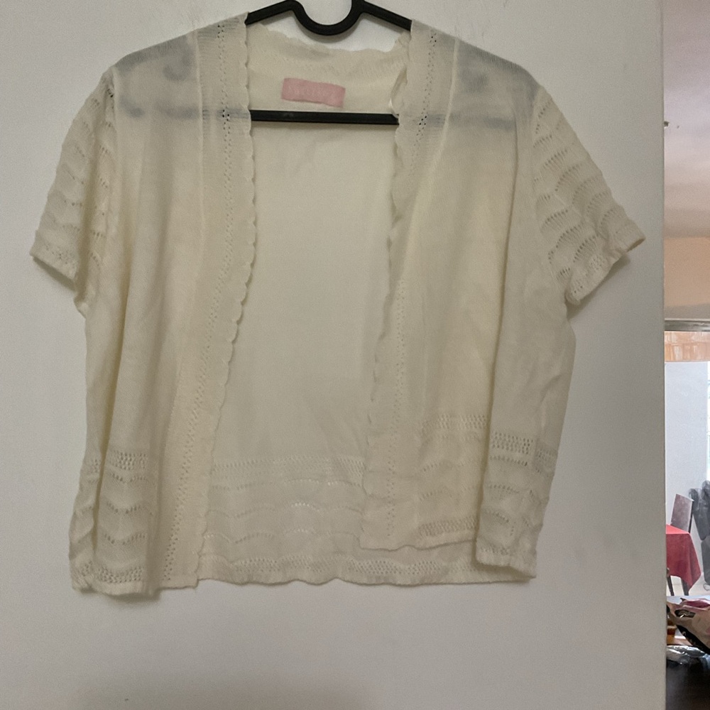 Light Cream Short-Sleeve Open Cardigan Sweater